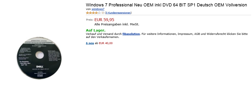 Windows 7 Professional von Amazon