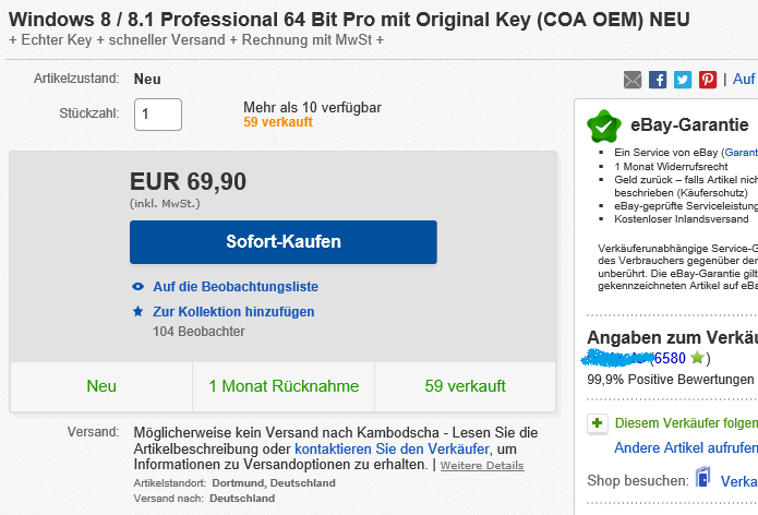 Windows 8 OEM-Key von eBay